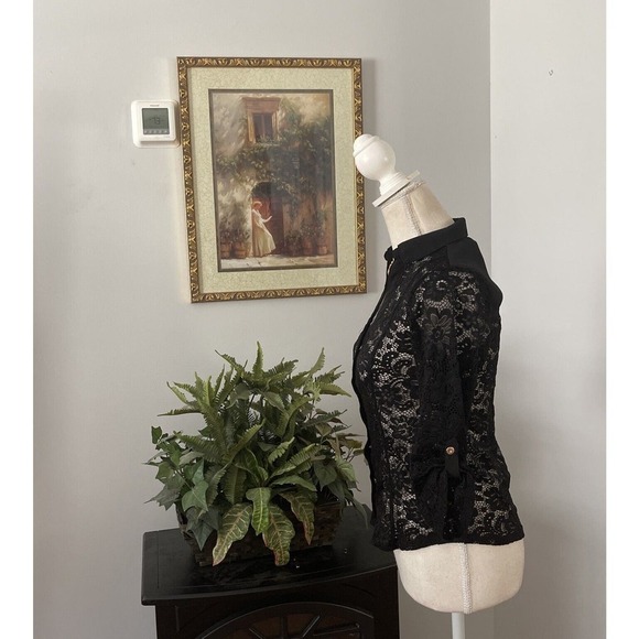 Women SM d.n.a. Couture Blouse 3/4 Tab Roll Sleeves Black Lace Open Front Button - Picture 2 of 8